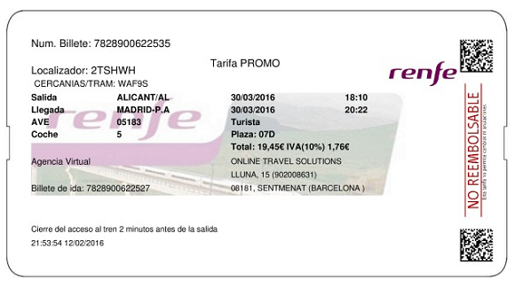  Más billetes trenes AVE Alicante Madrid para San Isidro 2017